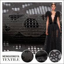 Venda quente mais recente projeto de tule preto laser de corte de tecido de renda para o vestido